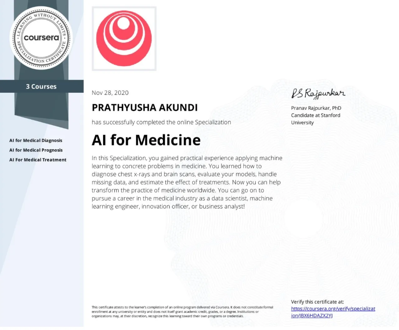 AI for Medicine certificate preview