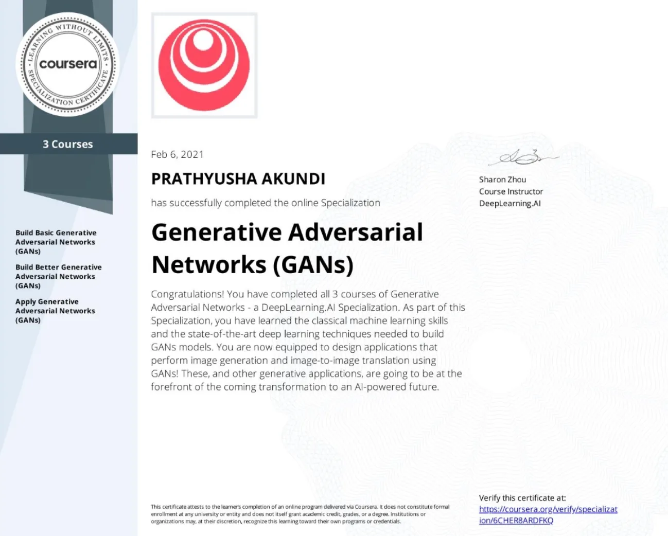 GANs Specialization certificate preview