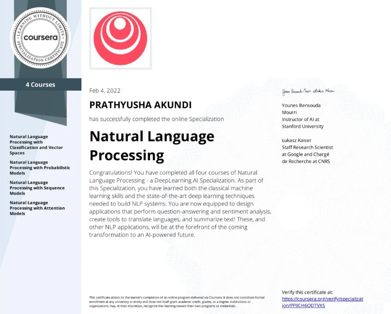 Natural Language Processing Specialization certificate preview